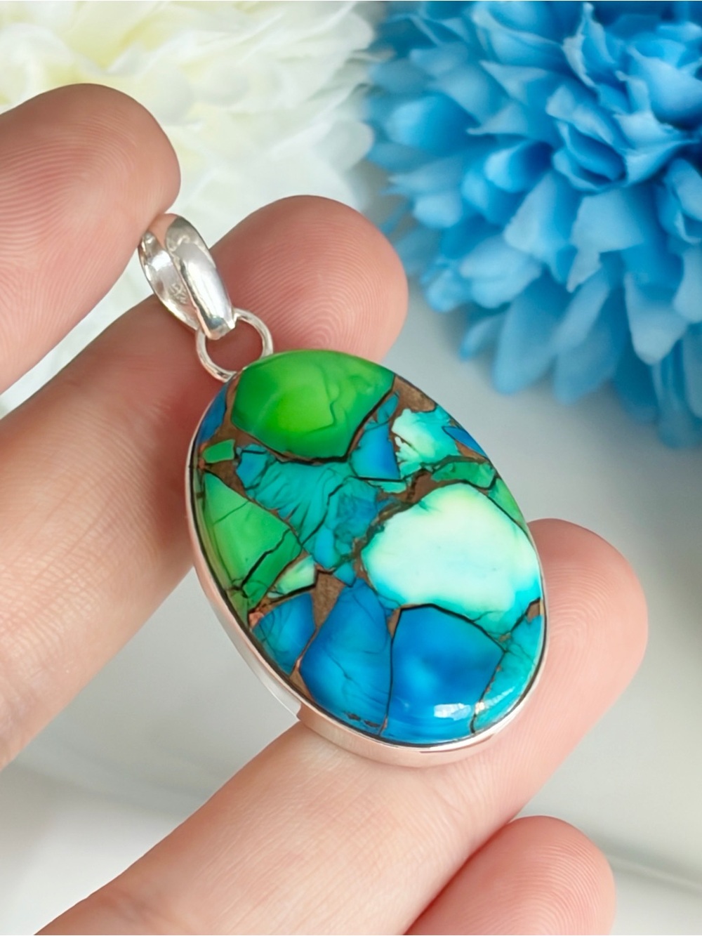 Pure Sterling Silver 925 Genuine Peacock Dahlia Turquoise Pendant Fine Oval